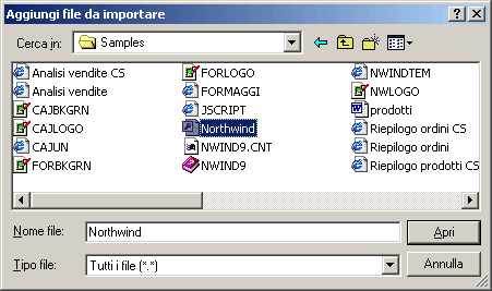 Finestra Aggiungi file da importare