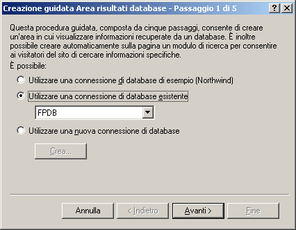 Creazione guidata Area risultati database