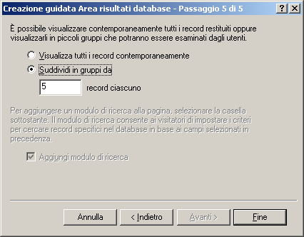Creazione guidata Area risultati database